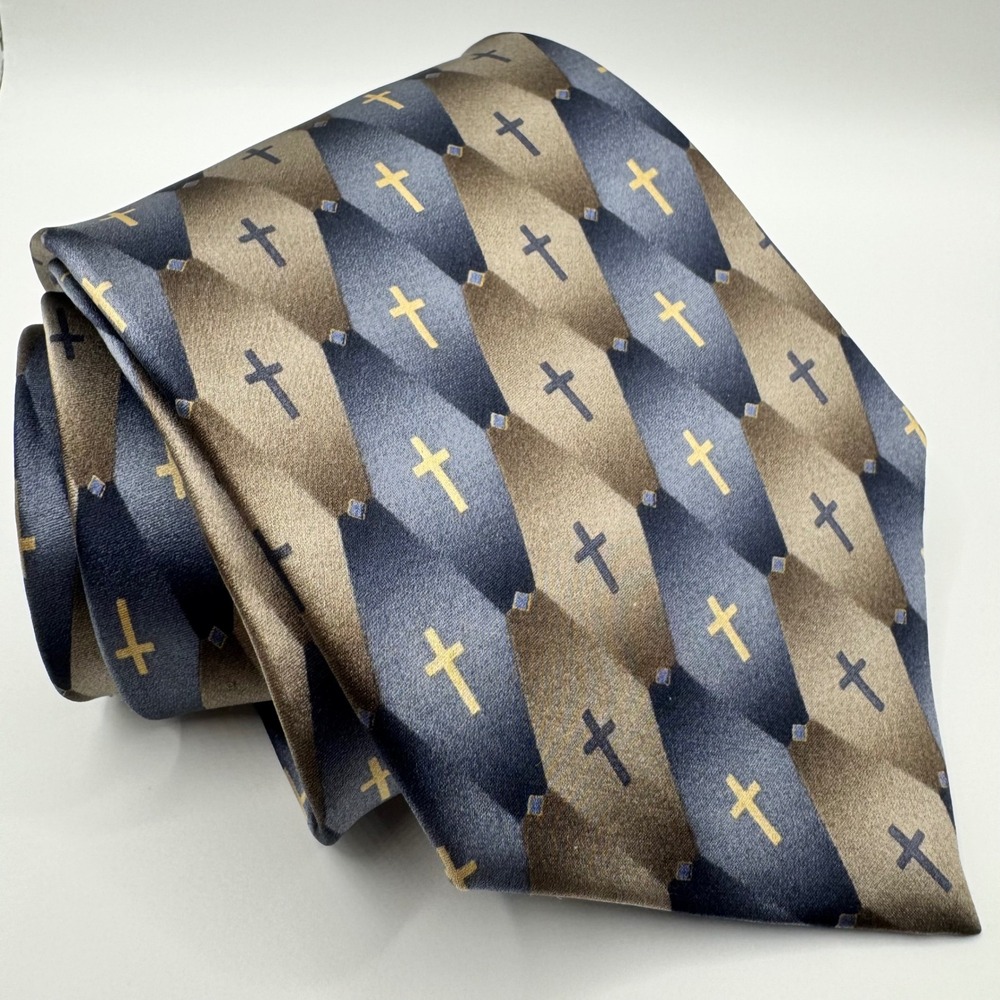 Eagles‎ Wings Mens Silk Tie Blue Tan Geometric Christian Cross Religious Formal
